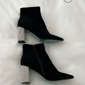 Betsey Johnson size 10 pointed toe suede boots with crystal embellished heels.